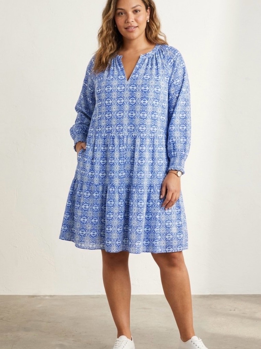 Vineyard Vines Blue Printed Long-Sleeve Tiered Dress cotton / modal SZ XXL NWT